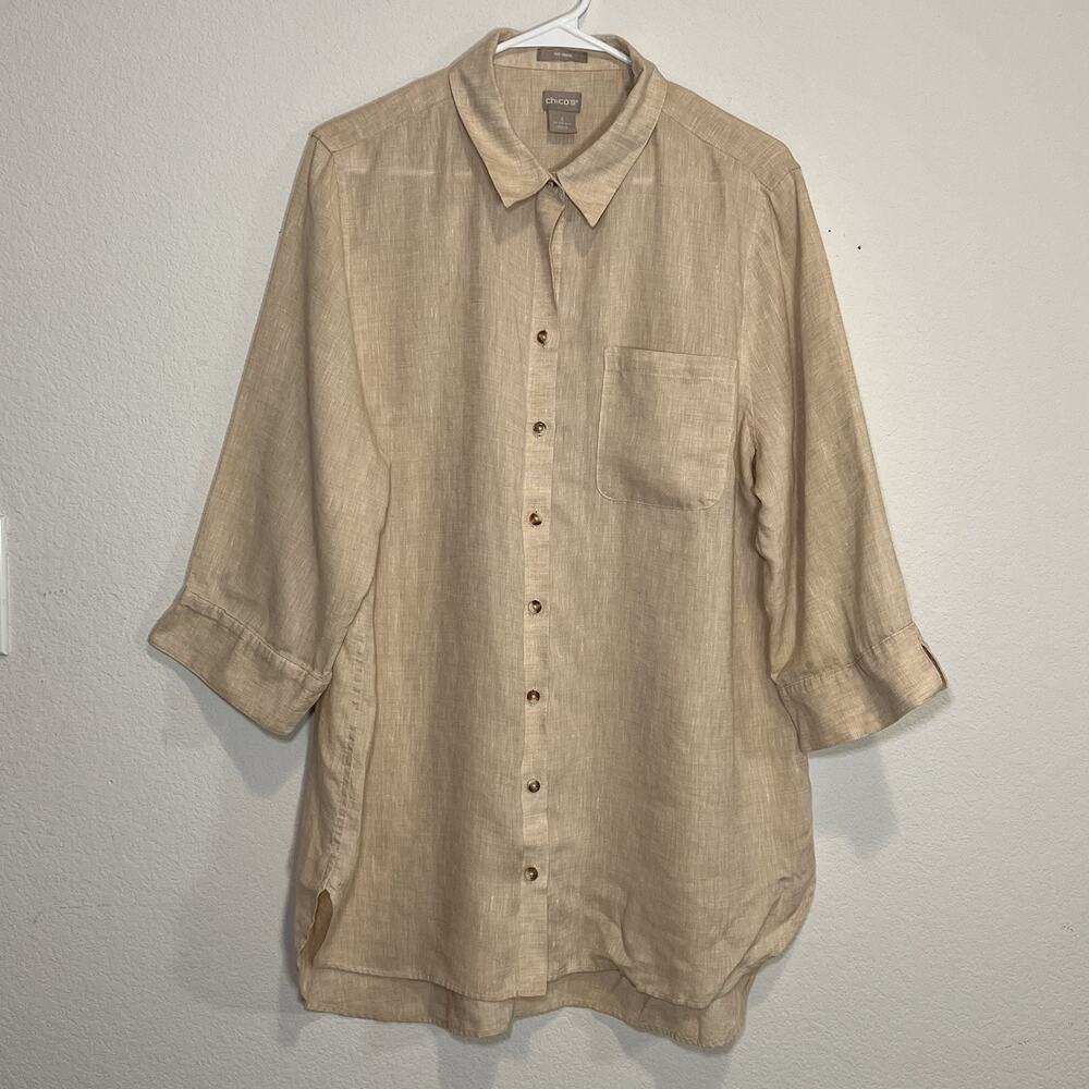 CHICOS 100% Linen Shirt Womens Size 3 (US 16) Beige Button Up 3/4 Sleeve Mimimal